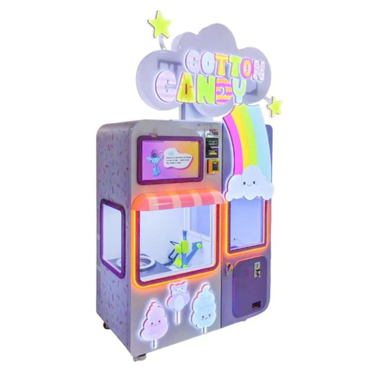 side angle view of Sweet Robo Model VX Cotton Candy Vending Machine, with a white background