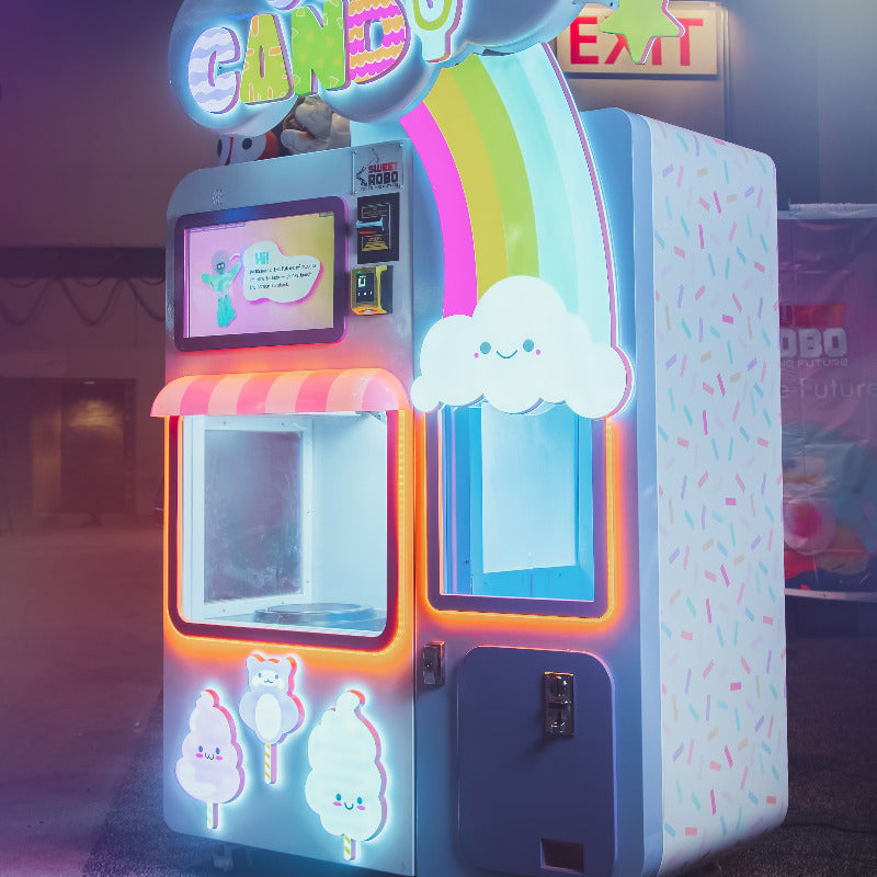 front angle view of Sweet Robo Model VX Cotton Candy Vending Machine, with neon lights on