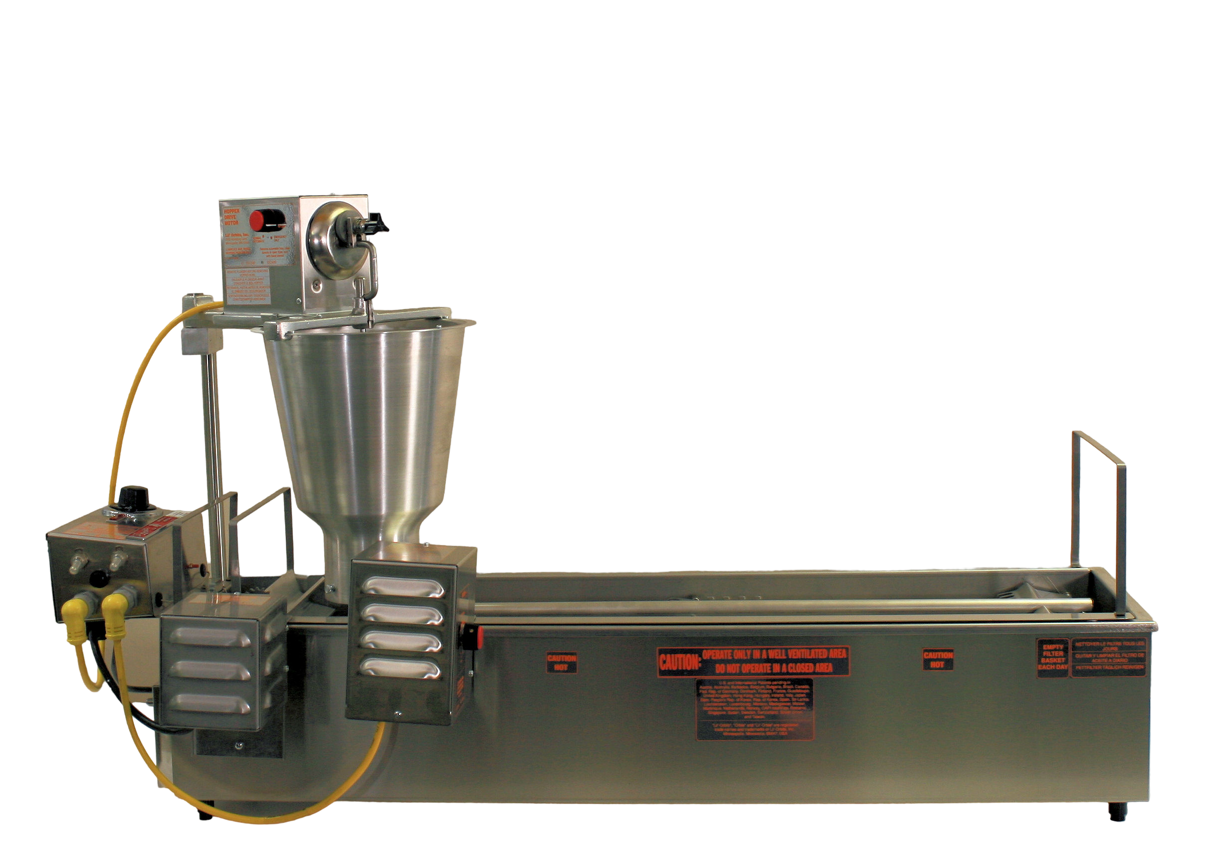 side view of lil orbits SS2400 high production automatic donut machine on a white background
