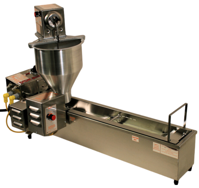 side angle view of the Lil' Orbits SS1200 automatic donut frying machine on a white background, showing the automatic hopper that dispenses the batter into the frying area, where the donut travels down the frying chamber and is automatically flipped and then dispensed when done